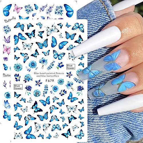 Butterfly Nail Art Stickers Decals 8 Sheets Holographic Blue Purple Butterflies Nail Polish Stickers Spring Theme Flowers 3D Self-Adhesive Nail Decoration Manicure Decals for Women Girls
