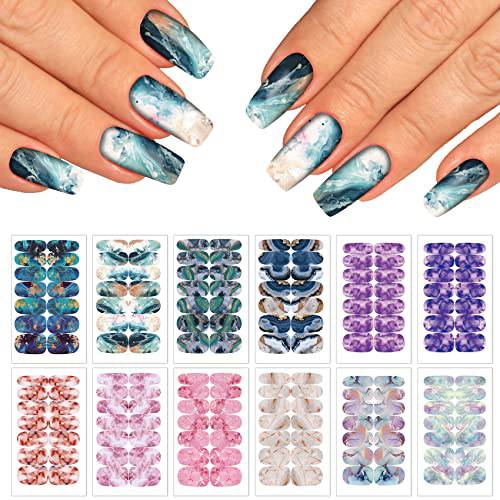 12 Sheets Marble Full Nail Wraps for Women, Self-Adhesive Nail Polish Strips for DIY Nail Art Decals with 2 Piece Nail Files (168 Pieces)