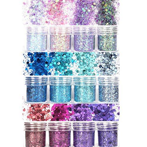 Laza 12 Colors Glitter Nail Art Acrylic Nails Powder Mixed Sequins Iridescent Flakes Ultra-Thin Paillette Sparkles Tips Chunky Box 120g for Face Eyes Body Hair Crafts Tumblers - Mermaid Princess