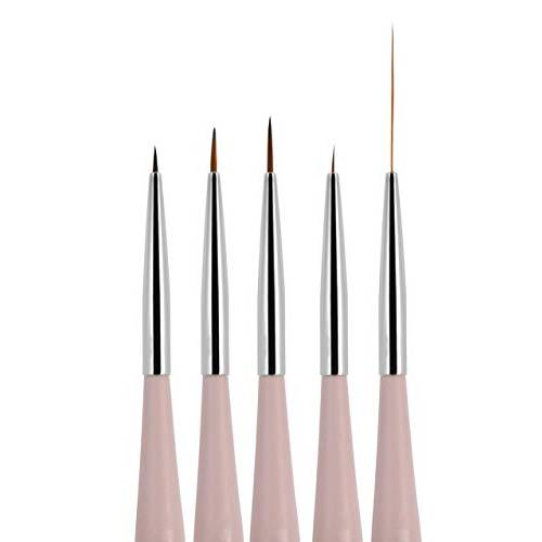 Beaute Galleria 5 Pieces Nail Art Brush Set with Liners (4mm, 7mm, 9mm) Striping Brushes (5mm, 25mm), for Thin Fine Line Drawing, Detail Painting, Striping, Blending, One Stroke