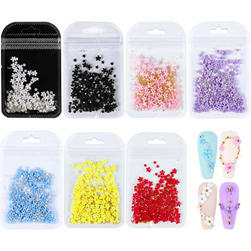 Walacot 7 Pack 3D Acrylic Colorful Flower Nail Art Charms (7 Different Color - About 1400 Pcs) with Golden Silver Pearl Caviar Beads Manicures DIY Decorations Kit for Women Girls