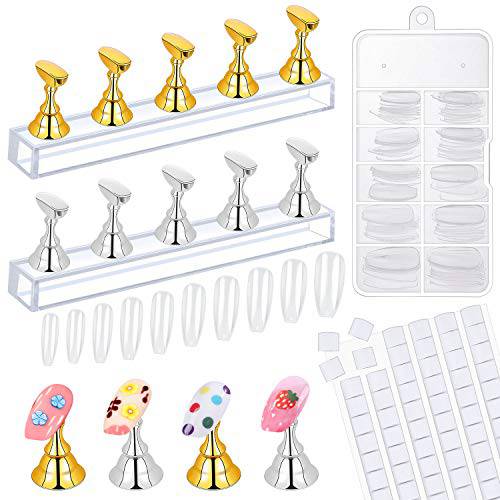 Flasoo 2 Sets Acrylic Nail Art Holder Magnetic Practice Display Stand with 96Pcs White Reusable Adhesive Putty and 100Pcs Acrylic Coffin Fake Nail Tips for Nail Art Salon DIY and Practice Manicure