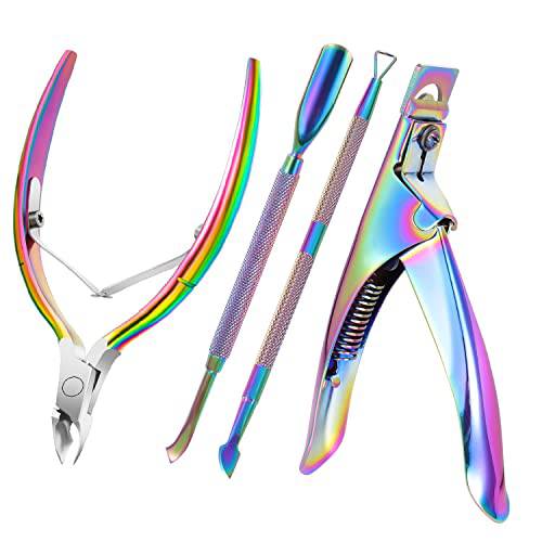 Nail Clippers for Acrylic Nails, Acrylic False Nails Tips Clippers Stainless Steel Nail Tip Cutter with Cuticle Pusher Cuticle Remover, Christmas Gift Stocking Stuffers for Women, Rainbow