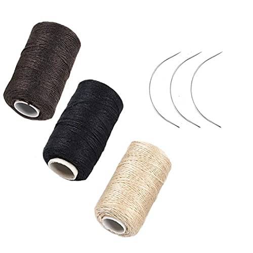 3 Rolls Hair Weaving Thread Cotton Sewing Thread Making Wig Clips in Hair Extension Hair Salon Weft Thick Black Brown Beige Thread with 3 Curved Needles (Mixture Colors)