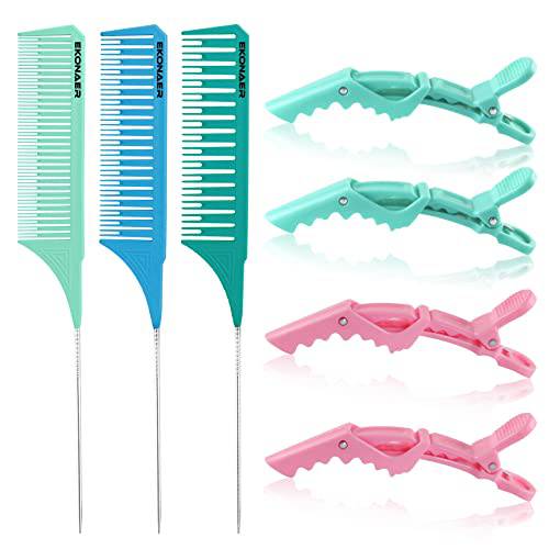 3 Sizes Highlighting Comb Set With Pastel Alligator Clips, Weaving Styling With Rat Tail Comb Teasing Foiling Combs Heat Resistant For Hair Salon Barber Home(Pastel Blue)