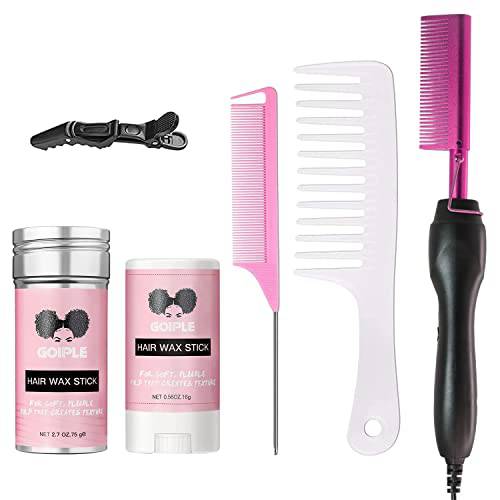 Electric Hot Comb Pink Hair Straightener Electrical Straightening Comb Curling Iron for Natural Black Hair Wigs with Wide Tooth Comb, Rat Tail Comb, Wax Stick