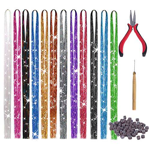 47in Hair Extension Tinsel with Tool 12Colors 2400 Strands Hair Extension Tinsel Kit Glitter Hair Extensions Hair Tinsel Kit for Girls Women Hair Accessories Christmas Halloween New Year Cosplay Party