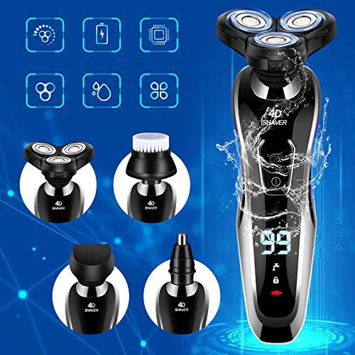 Gbuild Electric Razor for Men,Mens Electric Shavers Cordless Rechargeable,4 in 1 Dry Wet Waterproof Mans Shaver Electric Razor for Shaving Face,USB Travel Rotary Shaver with Nose Trimmer Facial Brush