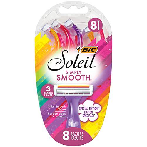 BIC Soliel Simply Smooth Special Edition Disposable Razors for Women, Sensitive Skin Razor with Vitamin E Lubricating Strip and 3 Blades, 8 Piece Razor Set