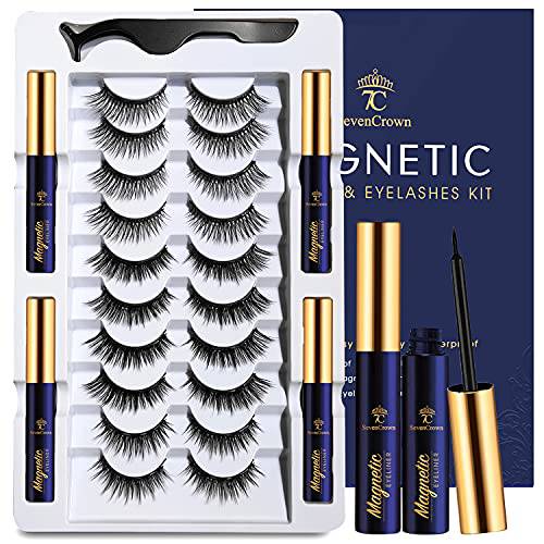 Magnetic Eyelashes with Eyeliner Kit - 7C SevenCrown Magnetic Lashes Natural Looking with Upgraded 4 Tubes of Magnetic Liner Waterproof, Long Lasting,10 Pairs Reusable Magnetic Eyelash Kit Easy to Apply.