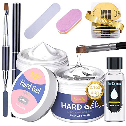 Builder Nail Gels Kit 2 Colors/2oz Clear White Hard Gel for Nails Extension Hardened Nails Gel Art Manicure Set with 100pcs Nail Forms Silp Solution Nail File and Brush for Beginners DIY at Home