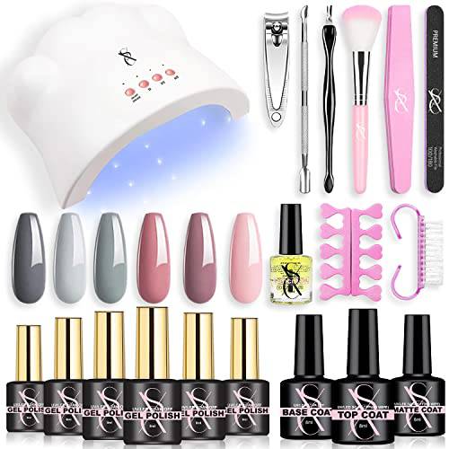 SXC Cosmetics G-44 Gel Nail Polish kit - 6 Grey Nude Pink collection with 48W Nail Lamp Glossy Matte Top Coat Base Coat for DIY Professional Starter kit