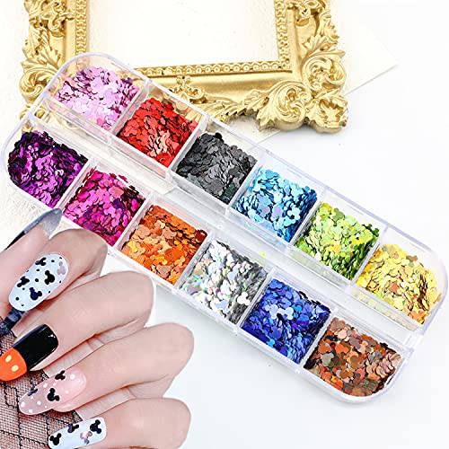 12 Colors Nail Glitter Sequins 3D Shiny Flakes Nail Art Accessories Acrylic Nails Supply Gold Glitters Nail Powder Cartoon Nail Stickers Design for Women Girls Sparkle Decor DIY Craft Decorations
