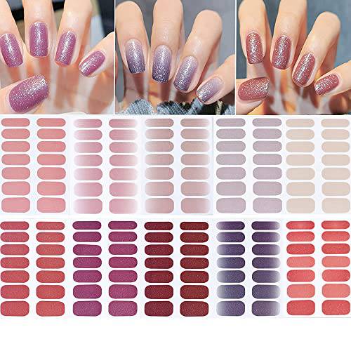 10 Sheets Nail Polish Sticker Full Wrap Nail Strip Supplies Gradient Purple Pink Shiny Self-Adhesive Gel Nail Art Design Decals with Nail File for Women Girls Manicure Decoration Tips