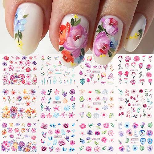 Flower Nail Art Stickers, 12 Sheets Floral Water Transfer Nail Decals Nail Art Supplies Spring Summer Watercolor Blooming Flowers Floral Leaf Nail Stickers Manicure Decoration for Women Acrylic Nails