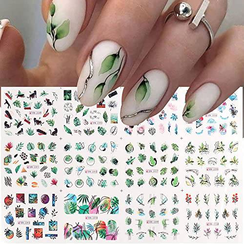 Flower Nail Art Stickers Decals Nail Water Transfer Slider Spring Nail Decorations Supplies12 Sheets Colorful Daisy Rose Flower Leaves Designs Manicure Tips for Women (D)