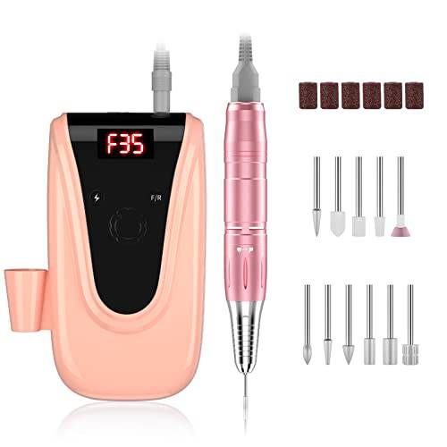 Rechargeable 35000 RPM Nail Drill, Portable Electric Nail Drill Professional Efile Nail Drill Kit for Acrylic, Gel Nails, Manicure Pedicure Polishing Shape Tools with 11Pcs Nail Drill Bits (Pink)