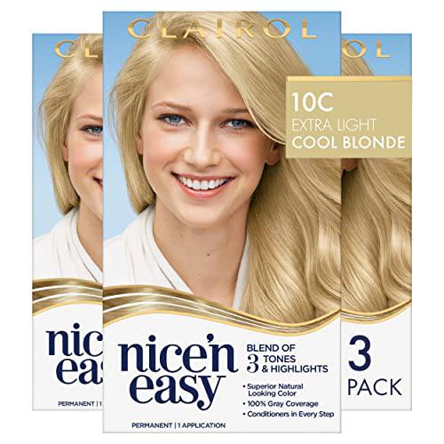 Clairol Nice’n Easy Permanent Hair Dye, 10C Extra Light Cool Blonde Hair Color, Pack of 3
