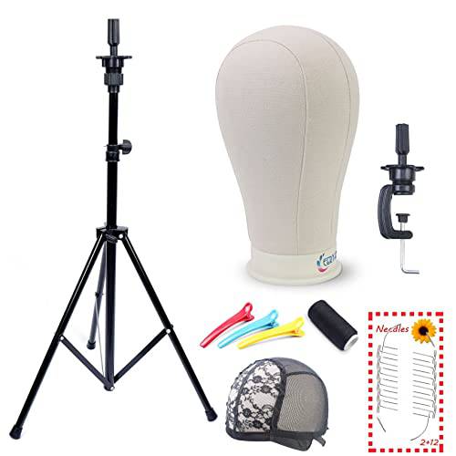 Eerya 22 Inch Wig Head Stand Canvas Wig Head with Tripod Stand Set Wig Head Stand for Making Wigs Display Styling Hairdressing Training Mannequin Head with Wig Stand Manikin Head Wig Stand