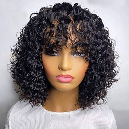 LUVME HAIR 10Inch Short Curly Wigs with Bangs Water Wave Bob Wig Human Hair Short Black Wig for Women
