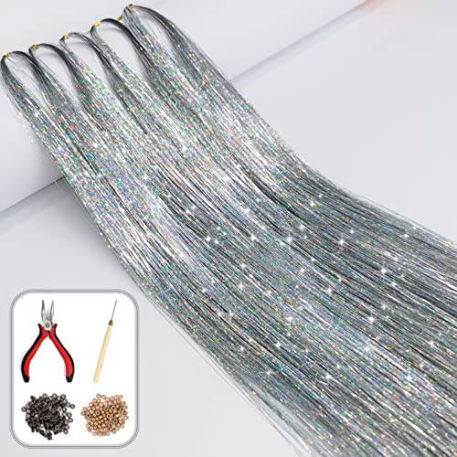 Hair Tinsel Kit with Tools and Instruction Easy to Use 1000 Strands 47 Inches Glitter Tinsel Hair Extensions for Women and Girls, Sparkling Shinny Fairy Hair Accessories for Christmas New Year Halloween Cosplay Party (Silver)