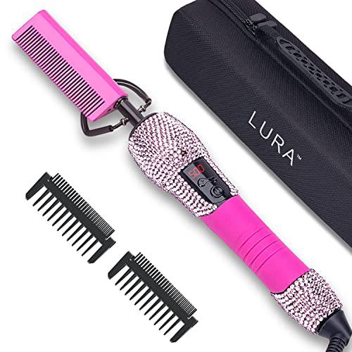 LURA Pink 180-500°F Hot Comb Electric for Wigs,Straightening Comb for African American Hair,Pressing Combs for Natural Black Hair,Bling Diamonds Hair Straightener Brush for Women Thick Hair…