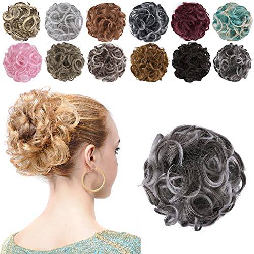 GIRLSHOW Elastic Wave Curly Hair Buns Chignons Hair Scrunchy Extensions Wrap Ponytail Updos Tousled Bun Hairpieces for Women Girls (Natural Black Tip Gray -113)