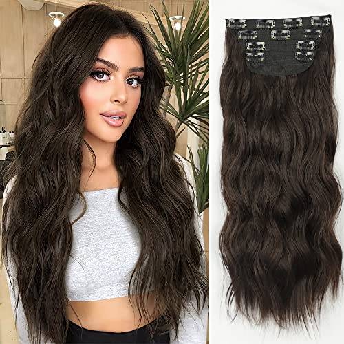 Cisyia Hair Extensions for Women Long Wavy Dark Brown Hair Clips in 4PCS Synthetic Hair 20 Inches Thick Hairpiece for Women Girls