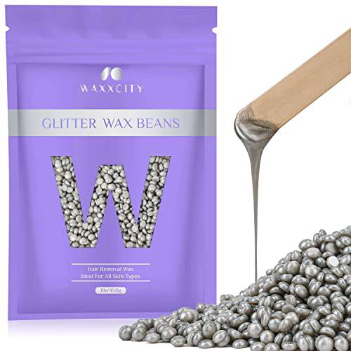 Hard Wax Beads, Waxxcity 1lb Glitter Grey Hair Removal Wax for Sensitive Skin, Specific for Facial Finer Softer Hair, At Home Waxing Beads Large Wax Beans Refill for Women Men