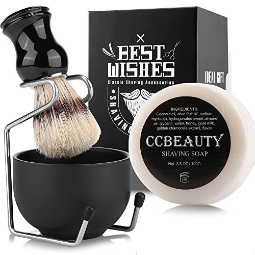 CCbeauty Mens Shaving Brush and Bowl Set, 4 in 1 Bristle Wet Shave Brushes Kit with Stainless Steel Shaving Bowl & Soap Mug, Safety Razor Stand, Birthday Fathers Day Gifts Set for Men,Black Soap 3.5Oz