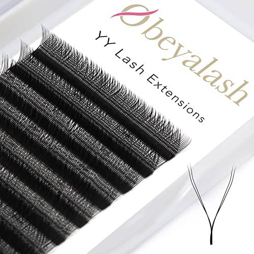 OBEYA Y Lashes Extensions 2D Premade Fans Eyelash Extensions Weave YY Shaped Tips Volume Lash Extensions, YY Eyelash Extensions Quick Easy Application, Full Fluffy Volume Look, Long Lasting D Curl 0.07mm 8-14mm Mix Tray