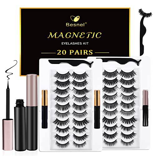 BESNEL Magnetic Eyelashes with Eyeliner Kit 20 Pairs Premium 3D Different Density 4 Magnetic Eyeliners and 2 Lash Extension Tweezers for Women Girls Natural Look Reusable No Glue Needed