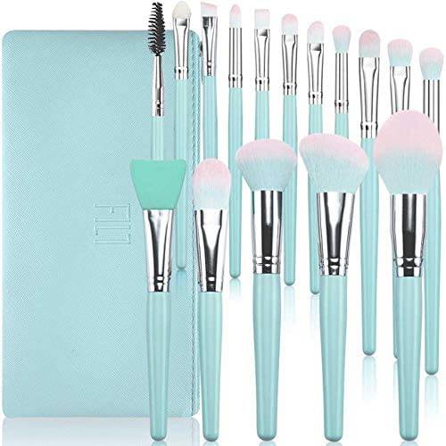 DUAIU Makeup Brushes Set 16Pcs Premium Synthetic Make up Brushes Blue Wooden Handle for Foundation Concealers Blush Eyeshadow Eyebrow Professional Make Up Brush Kits with Cosmetic Bag