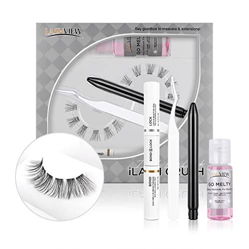 LASHVIEW DIY Eyelash Extension Kit,12 Clusters Volume Lashes Set with Applicator and Bond & Seal,Eyelash Extension Remover,Eye lifting 3D Effect,C curl Lashes Pack 12mm-Criss Cross