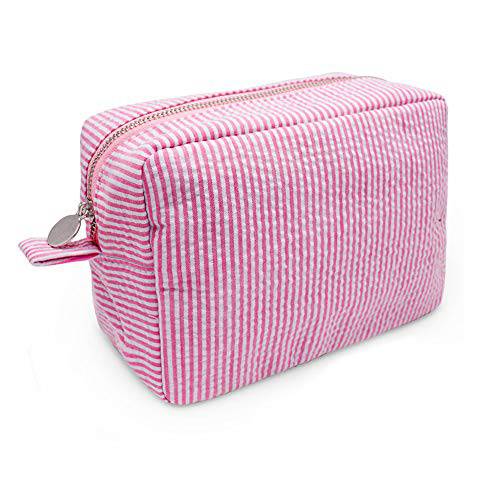 GFU Seersucker Cosmetic Bag, Large Makeup Pouch Travel Toiletry Case with Zipper Closure Seersucker Cosmetic Organizer for Women Girls (Pink)