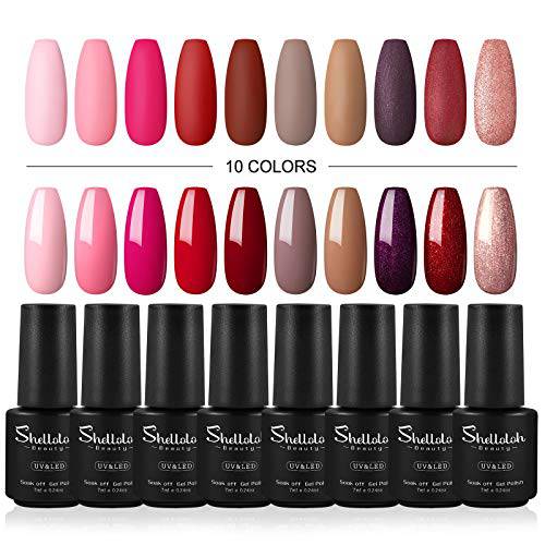 Gel Nail Polish Set Pink Red Nude Glitter Brown All Season 10 Colors Soak off Nail Polish Colors Gel Set for Salon Professional Nail Art and DIY Manicure Kit 7ml Glass Bottle Gift for Woman