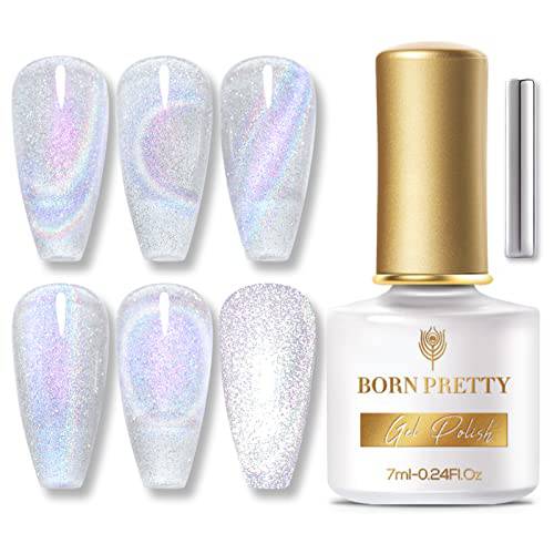 Born Pretty Rainbow Reflective Cat Magnetic Eye Gel Polish Omnipotent Silver Holographic 9D Cat Magnetic Gel Nail Polish Sparkle Gel Polish with Magnetic Stick Nail Art Varnish 7ML 1PC