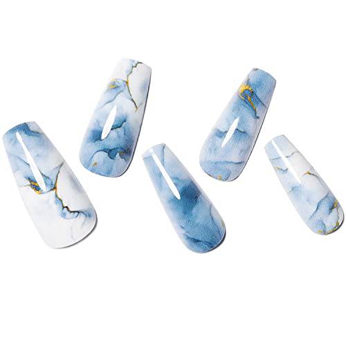 Coffin Press on Nails Medium, Blue Gold Marble Fake Nails with Design UV Glue on Nails Long Ballerina Luxury Blooming Acrylic False Nail Kits Stick on Nails for Women 2022 Reusable Full Cover Static Nails by GLAMERMAID, 24 Pcs