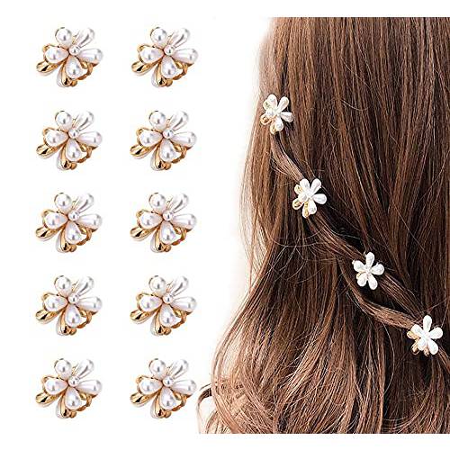 10 Pcs Small Pearl Hair Claw Clips Mini Pearl Claw Clips with Flower Design, Sweet Artificial Bangs Clips Decorative Hair Accessories for Women Girls
