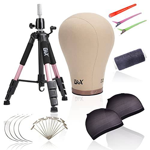 GEX 22 Canvas Cork Wig Head with 55 Mannequin Tripod For Wig Making Cosmetology Hairdressing Display Training Doll Head Adjustable Alloy Stand