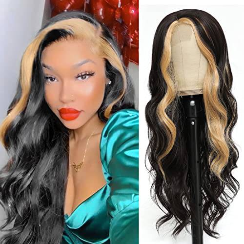 CLIONE 28 Long Wavy Lace Front Wig with Highlights Synthetic Wig Side Part Long Wavy Lace Wigs for Black Women Honey Blonde Skunk Stripe Wigs Daily Party Use,HL6/15P