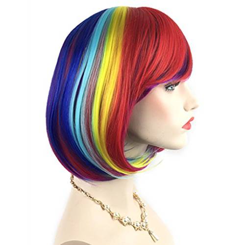 Rainbow Bob Wigs and A Wig Cap- Women’s Short Straight Multi-Color Cosplay Wigs -Comfortable& Breathable& Durable-Rose Net wig007A