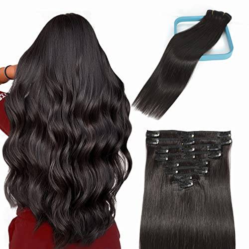 LORIEN Clip in Hair Extensions Real Human Hair 100g/3.6oz Clip ins 100% Human Hair Extensions Brazilian Remy Human Hair Clip on Hair Extension 8pcs Per Set with 18Clips Double Weft (18 Inch, 1B Natural Black Color)