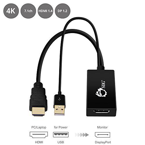 SIIG 4Kx2K HDMI to DisplayPort,DP컨버터 변환기 for HDMI Equipped Systems to 연결 to DP, Compliant with HDMI 1.4, DP 1.2, &   HDCP - 울트라 HD, USB 전원 (CE-H22W11-S1)