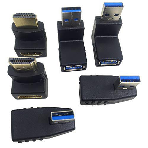 AFUNTA 4 Pcs USB 3.0 변환기 Plug 컨버터& 2 Pcs HDMI Male to Female 변환기, USB 커넥터 연장 변환기 Right/ Left/ Up/ 다운 앵글 변환기 Plug 컨버터 90& 270 도 HDMI 커넥터
