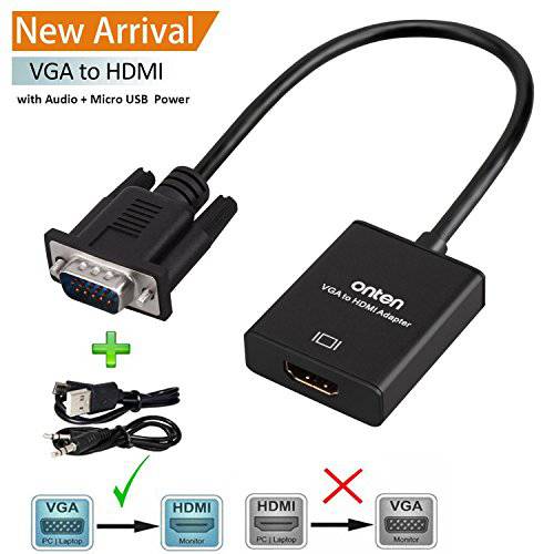 VGA to HDMI, Onten 1080P VGA to HDMI 변환기 (Male to Female) for Computer, Desktop, Laptop, PC, Monitor, Projector, HDTV with 오디오 케이블 and USB 케이블 (Black)