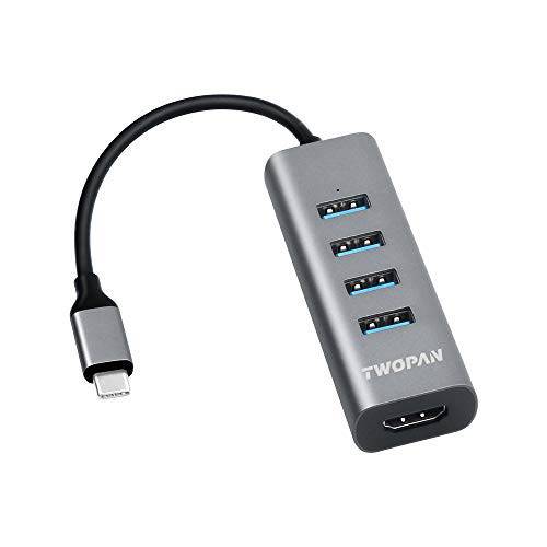 TWOPAN USB C 허브 T1-H, 5-in-1 USB Type C 허브 with HDMI(4K) Output and 4 USB 3.0 Ports 호환가능한 with 삼성 갤럭시 S10+/ S10/ S9/ S8 맥북 Air/ 프로 Chromebook 아이패드 프로 Travellers’ 초이스 공간 그레이