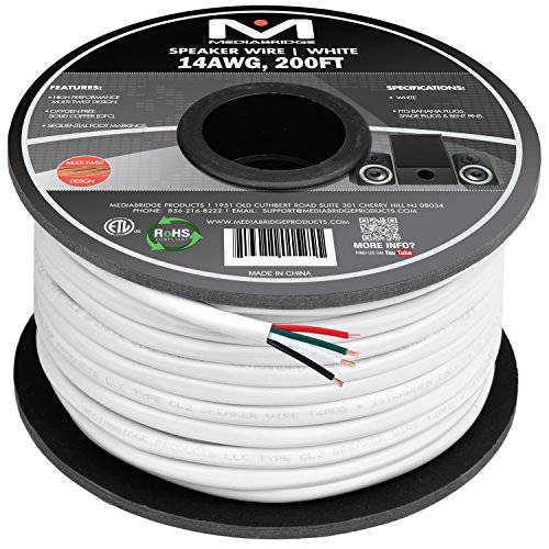 Mediabridge 14AWG 4-Conductor 스피커 와이어 (200 Feet,  하얀) - 99.9% 산소 Free 구리 - ETL Listed& CL2 Rated for in-Wall 사용 (Part SW-14X4-200-WH)