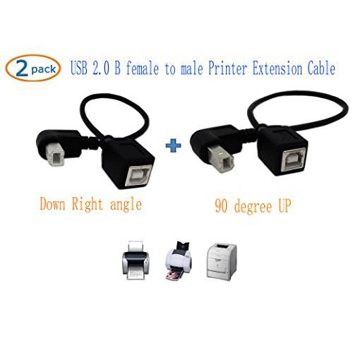 USB 2.0 Type-B 프린터 케이블, SinLoon(2-Pack) USB 2.0 B Female to Type-B Male (90 도 이상+  하위 직각) 프린터 숏 연장 케이블 for Printer, Scanner, 휴대용 HDD and More ( 이상- 하위)
