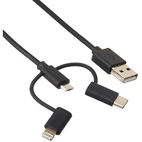 Monoprice 118789 애플 MFi Certified  USB to 미니  USB+  USB Type-C+  번개 충전 And 동기화 케이블 - 3 피트 - 블랙